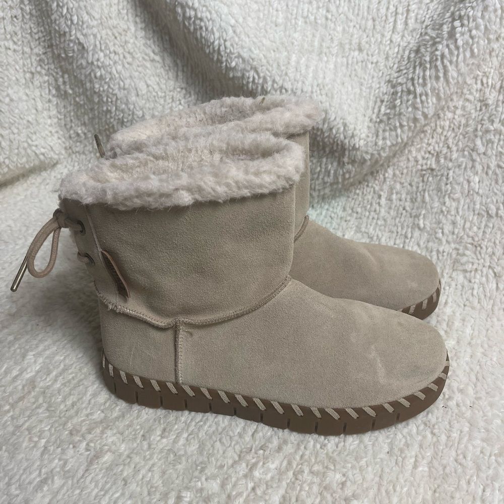 Mukluks leather suede khaki Ankle Boots back lace closure Faux fur lining SZ6.5 - Picture 5 of 13